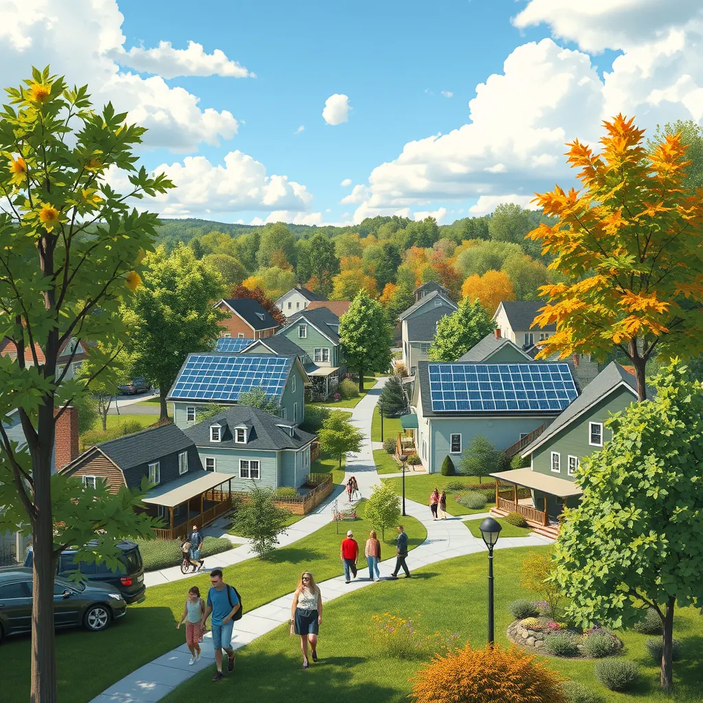 Illustration of a green, walkable Concord neighborhood in 2030.