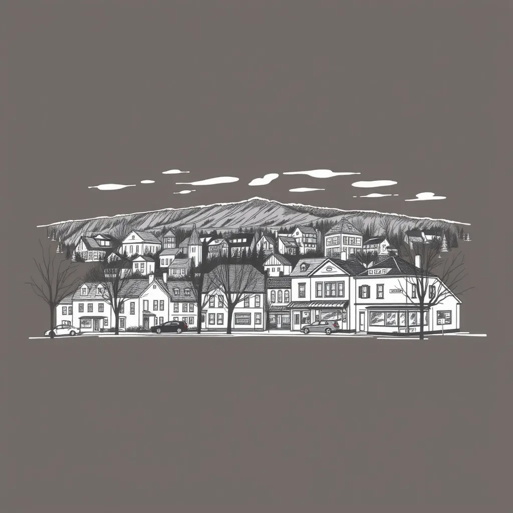 Pencil drawing of Concord rooftops.