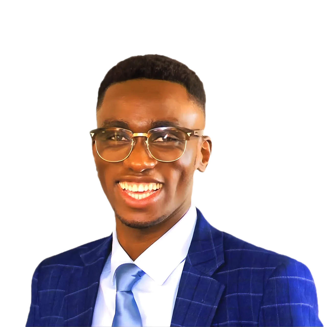 Fiston smiling in glasses, a blue windowpane suit and a light blue tie.