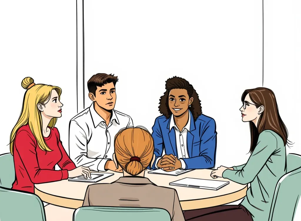 Illustration of young people meeting around a table.